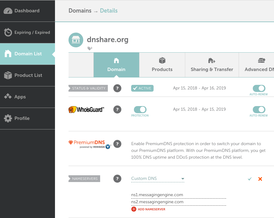 Namecheap nameserver form